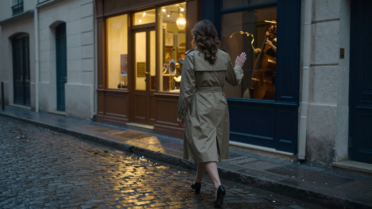 A woman walking alone down a rain-slicked Paris alley at dusk.