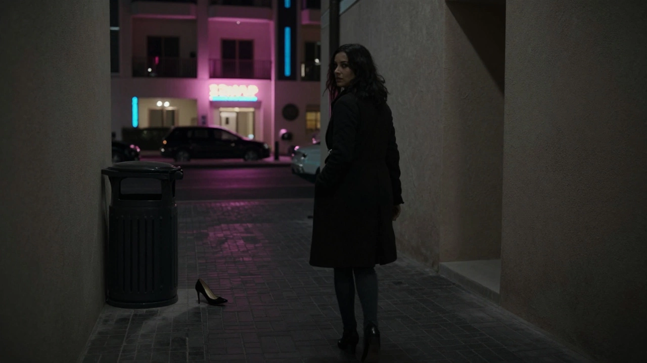 A woman walks quickly down a Dubai alley at night, glancing back, one high heel left behind near a trash bin.