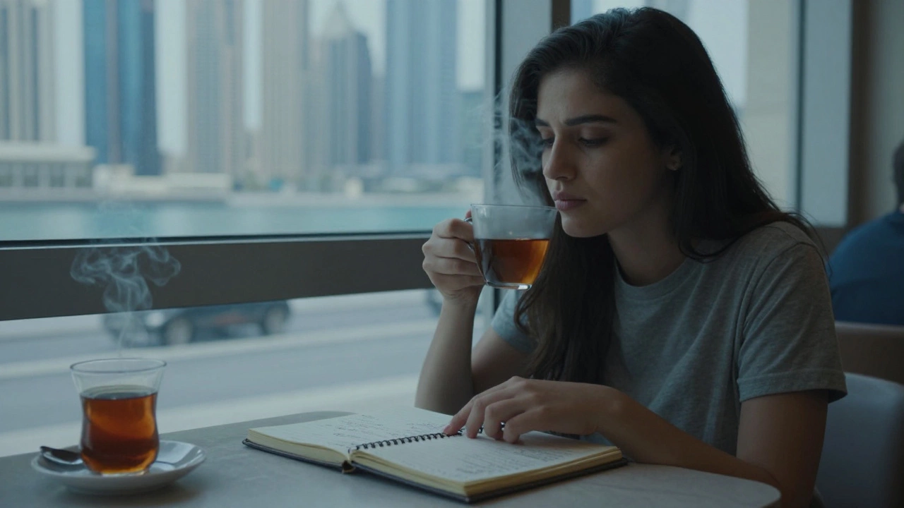 A young woman in a Dubai café quietly reviews her notebook, skyline reflected behind her, looking weary and isolated.