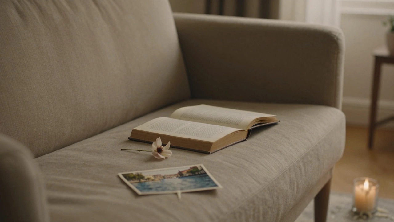 An empty couch with a pressed flower and postcard left behind in Paris.